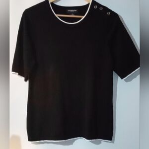 Liz Claiborne Career Black Short Sleeve Knit Shell Top White Trim Shoulder